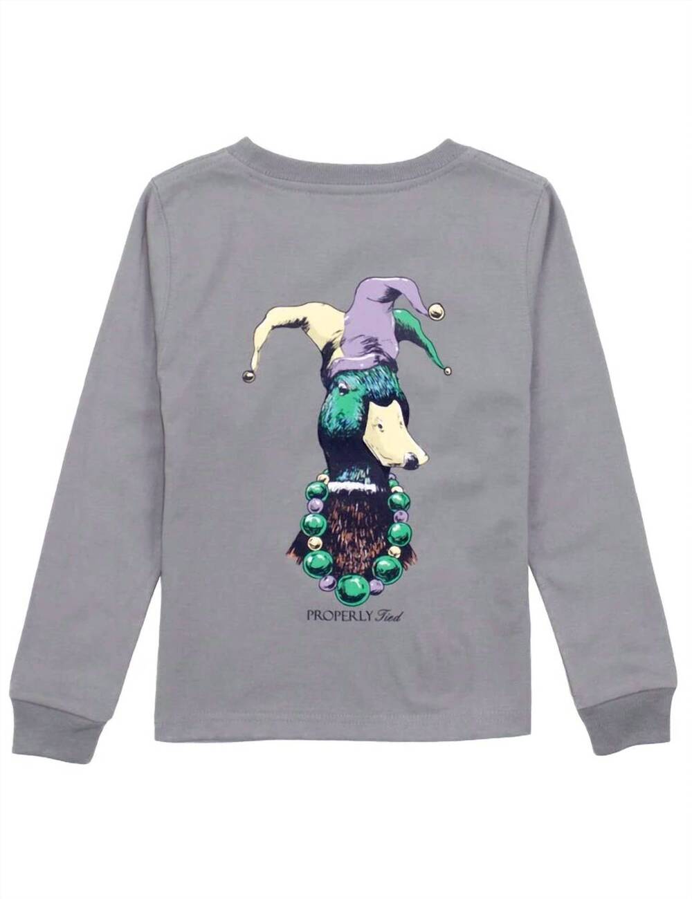 NEW PROPERLY TIED kid's mardi gras mallard long sleeve tee in battleship grey